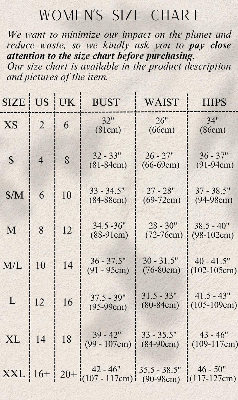 a women's size chart is shown in black and white