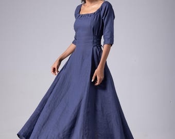 ALBAN 100% Linen Dress, Rustic Linen Maxi Dress for Women, Elegant Flowy Linen Dress, Plus Size Clothing, Waist Tie Dress
