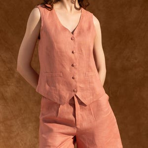 Linen Vest and Shorts Set – Two Piece Summer Linen Outfit – Sleeveless Cropped Vest Top and High Waist Shorts – 100% Linen Clothing