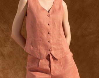 Linen Vest and Shorts Set – Two Piece Summer Linen Outfit – Sleeveless Cropped Vest Top and High Waist Shorts – 100% Linen Clothing
