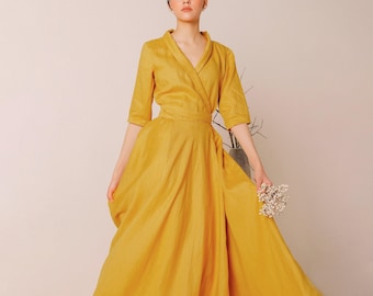 AURERUM Linen Wrap Dress Shawl Collar Dress And Pocket | Linen Midi Dress | Wedding Guest Dress | Handmade Clothing | Winter Autumn Dress