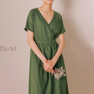 FOREST Linen Wrap Dress With Pocket | Linen Midi Dress | Summer Dress | Wedding Guest Dress | Handmade Clothing | Plus Size Women Dress