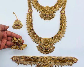 Antique Gold Plated South Indian Bridal Jewelry Set: Wedding Necklace, Earrings, Maang Tikka
