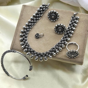 Oxidized Silver Jewelry Set: Choker, Earrings, Bracelet, Ring, Nose Pin - Dandiya Night