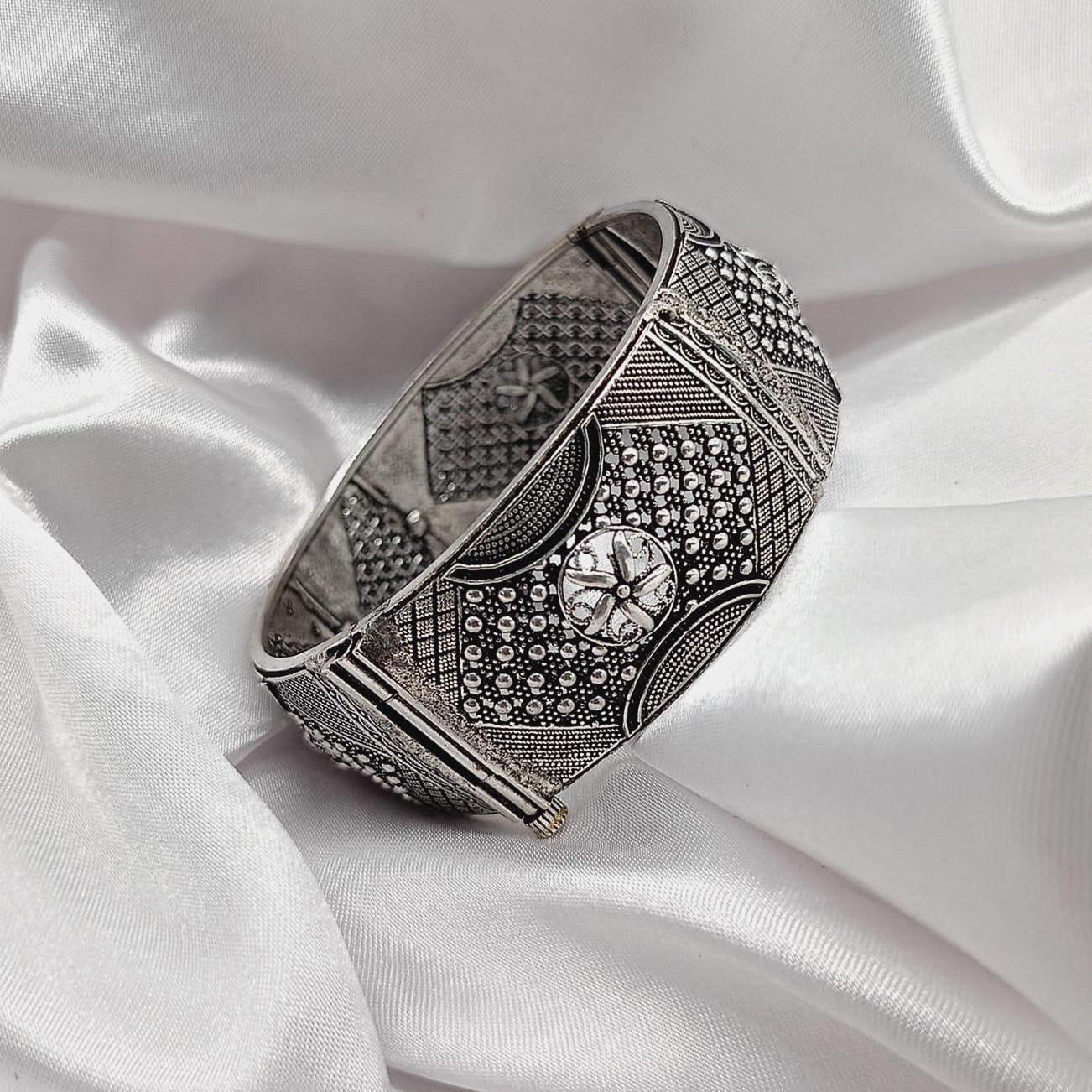 Oxidized Silver Indian Bangle: Ethnic Floral Cuff Jewelry - Etsy