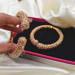 Indian Gold Plated Beads Bangle Set for Women, Traditional Wedding Kada Set for Every Occassion, Ethnic Pearl Open Bangles, 2&#39;6