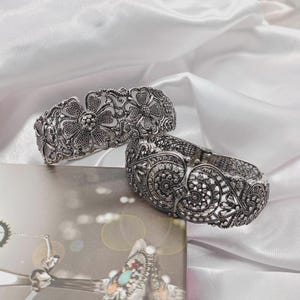 Indian Oxidized Silver Bangle for Women, Antique Floral & Paisley Kada for Festivals and Wedding, Ethnic Boho Jewelry Tribal Cuff Bangle