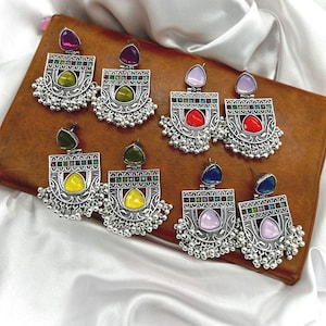 Indian Oxidized Silver Earrings for Women, Tribal Multicolor Beaded Earrings, Boho Ethnic Jhumka for Navratri, Lightweight Garba Jewelry