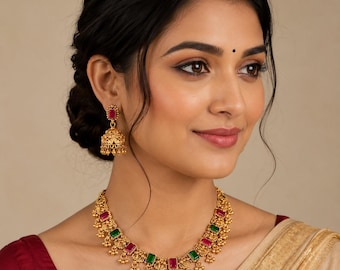 Gold Plated Temple Jewelry Set, Indian Bridal Choker Necklace Set with Jhumka Earrings, Red Green Stone, Traditional South Indian Jewelry