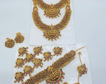 Antique Gold Plated Indian Bridal Jewelry Set: Beaded Wedding Necklace, Earrings, Maang Tikka