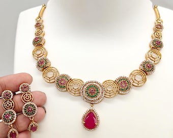 Gold Plated CZ Stone Necklace Set: Indian Wedding Jewelry