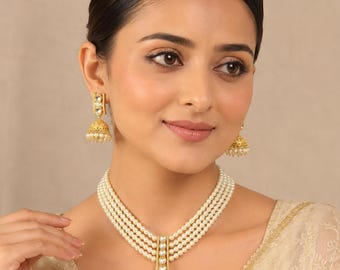 Kundan Pearl Choker Set, Indian Bridal Necklace Earrings, Wedding Statement Jewelry Gift