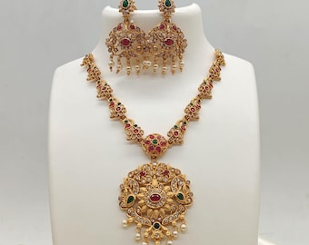 Gold Plated Indian Choker: South Indian Pendant, Multicolor Stones & Pearls