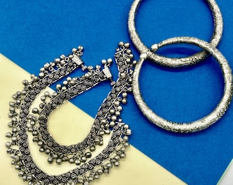 Boho Oxidized Silver Anklets with Ghungroo | Indian Tribal Payal Set