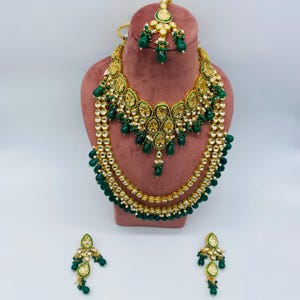 Kundan Full Bridal Set for Brides | Kundan Choker and Long Necklace with Earrings and Mangtikka | Traditional Indian Jewelry for Weddings
