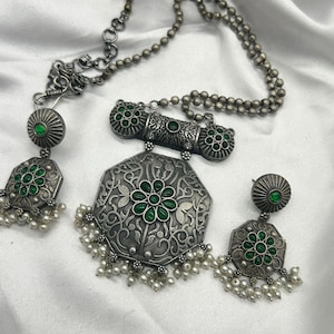 Oxidized Silver Boho Jewelry Set: Ethnic Necklace and Earrings