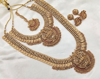 Gold Plated Indian Bridal Jewelry Set: Temple Necklace, Earrings, Maangtikka
