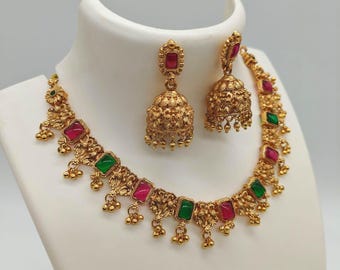 Multicolor Gold-Plated Choker Necklace & Earrings: Indian Wedding Jewelry