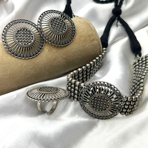 Indian Oxidized Choker Necklace Set with Earrings and Ring, Silver Oxidised Jewellery for Navratri