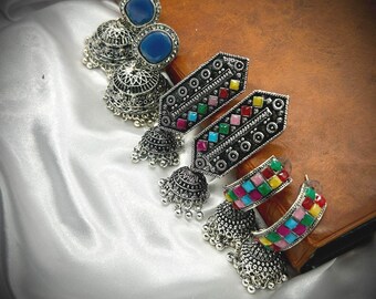 Oxidized Silver Jhumka Earrings: Indian Boho Tribal Jewelry