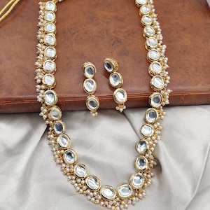 Indian Kundan Long Necklace with Earrings for Women, Traditional Kundan Jewelry for Wedding & Festivals, Ethnic Royal Beaded Jewellery Set