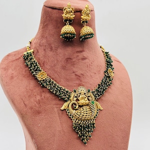 Indian Jewelry Trends Gold plated jewelry set for women | Green temple choker with earrings | Jewelry for wedding & festivals | Gift for her