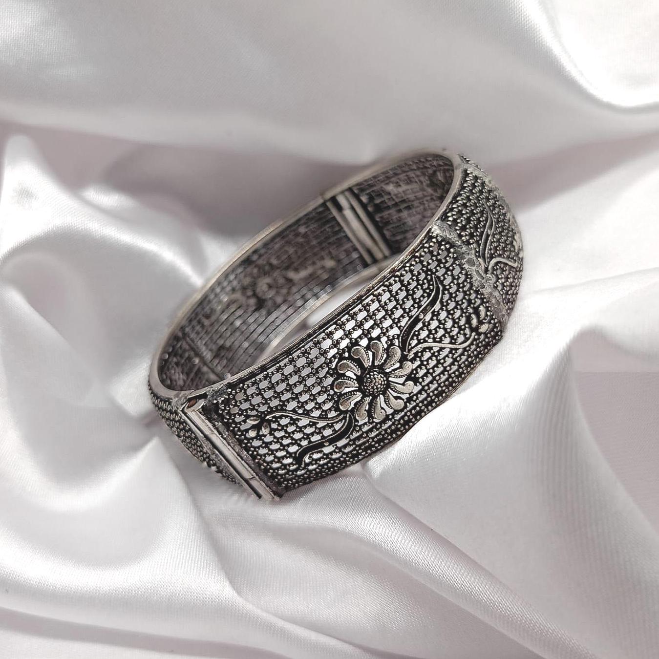 Oxidized Silver Indian Bangle: Ethnic Floral Cuff Jewelry - Etsy
