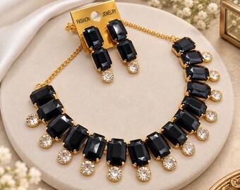 Conjunto de collar gargantilla chapado en oro con cristales de circonita cúbica negra, joyería para bodas indias, collar nupcial llamativo con pendientes a juego, regalo para ella.