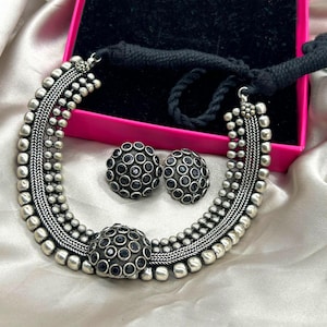 Oxidized Choker Necklace Set with Earrings for Women, Boho Silver Jewellery