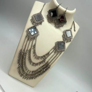 Oxidized multilayer Mirror Necklace Set with Earrings, Boho Jewelry for Navratri