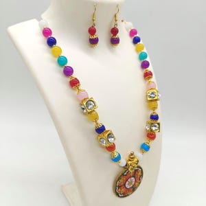 Multicolor Kundan Beaded Pendant Necklace Set with Earrings for Women | Traditional Indian Kundan Jewelry for Festivals and Bridesmaid Gift