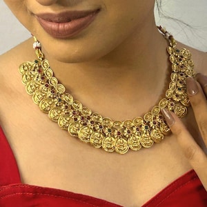 Indian Jewelry Trends South Indian Gold Plated Coin Choker for Women | Ethnic Jewelry for Wedding and Festivals | Multicolor Stone Necklace