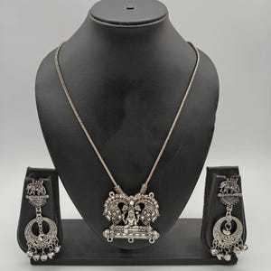 Indian Festive Silver Oxidized Long Haram Pendant Necklace Set with Matching Earrings for Women | Indian Oxidised Boho Jewellery for Festive