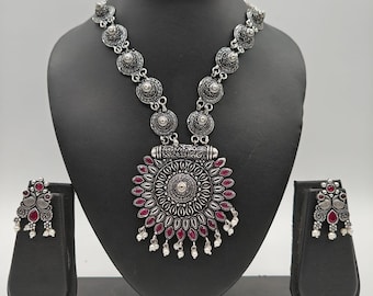 Oxidized Silver Statement Necklace Earrings Set | Boho Tribal Ethnic Indian Jewelry