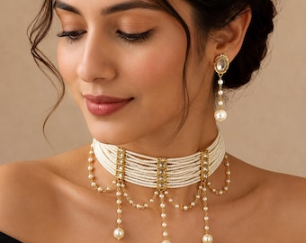 Kundan Pearl Choker Necklace Earrings Indian Bridal Wedding Jewelry Set