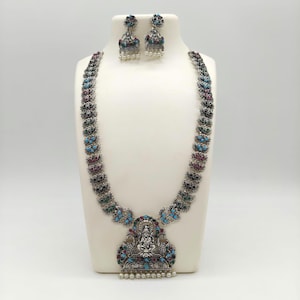 Long Haram Pendant Jewelry Set for Women | Indian Necklace Set | Temple Oxidized Jewellery | Silver Plated Necklaces | Trendy Indian Jewelry