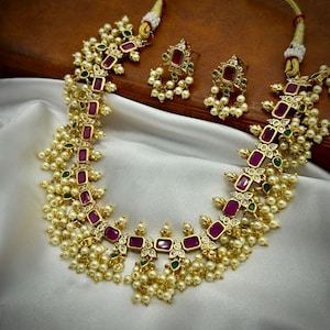 Indian Traditional Gold-Plated Choker Necklace Set with Earrings for Women | South-Inidan Jewelry for Festivals Weddings | Bridal Gift Ideas