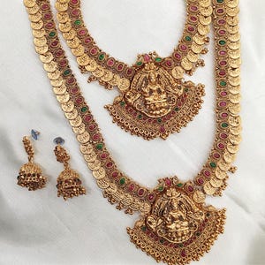 Indian Jewelry Trends South Indian Multicolor Gold Plated Temple Coin Jewelry for Bride Indian Wedding Complete Necklace Set with Earrings