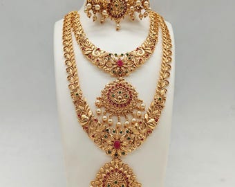 Gold Plated South Indian Temple Jewelry: Maang Tikka & Earring