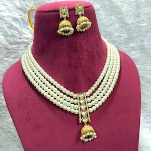 Kundan Pearl Necklace Set: Indian Wedding Jewelry, Gold Jhumka Earrings
