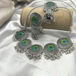 Indian Oxidized Necklace Set for Women, Ethnic Peacock Choker with Earrings for Wedding & Festivals, Traditional Navratri Jewelry Set