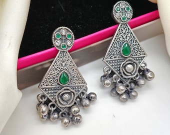 Oxidized Silver Jhumka Earrings: Indian Beaded Ethnic Jewelry