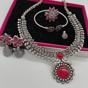 Oxidized Choker Combo Necklace Set with Earrings Bracelet Ring and Nose pin for Women | Indian Oxidised Jewellery for Festivals Garba