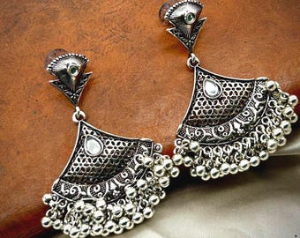 Oxidized Silver Jhumka Earrings: Indian Tribal Design with Bells