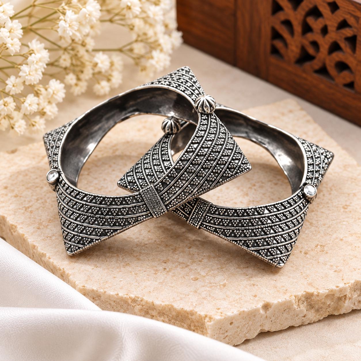 Oxidized Silver Bangles Set, Tribal Indian Kada Bracelet, Ethnic