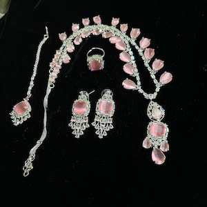 Indian Pink CZ Necklace Set with  Earrings Mangtikka and Ring for Women, AD Jewelry Set for Anniversary and wedding, Bridal Jewelry Set