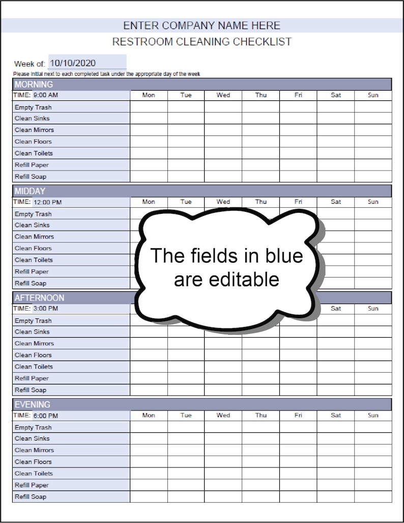 Customizable Restroom Cleaning Checklist Form Pat | Etsy