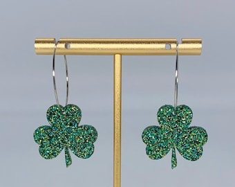 St. Patrick's Day Shamrock Earrings: Green Glitter Acrylic Irish Jewelry