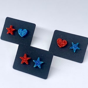 Mix and match Fourth of July stud earrings | star stud earrings | red white and blue earrings | heart earrings | flag jewelry