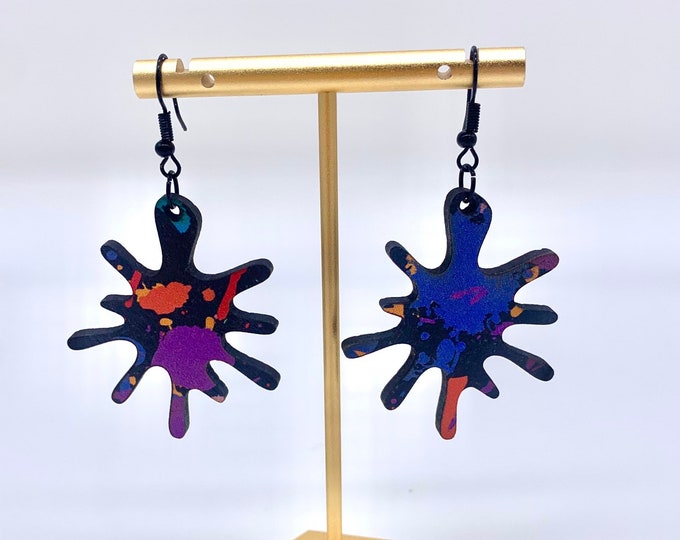 Handmade Paint Splatter Wood Earrings: Colorful Geometric Jewelry